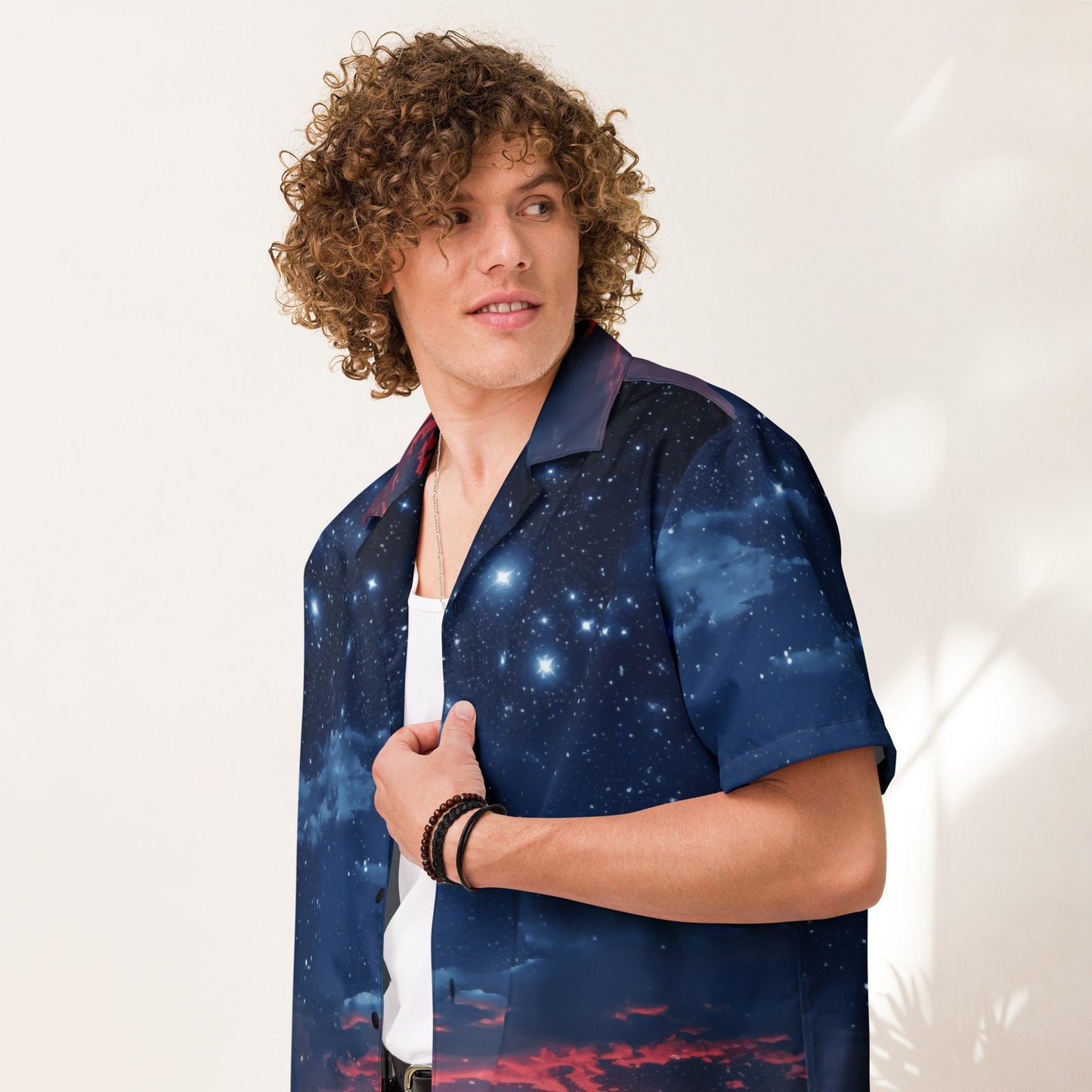 Funky Tiger® Blue Shooting Stars Button Down Shirt for Men | Short Sleeve Shirt | Casual Button Down | Summer | Vacation | Beach