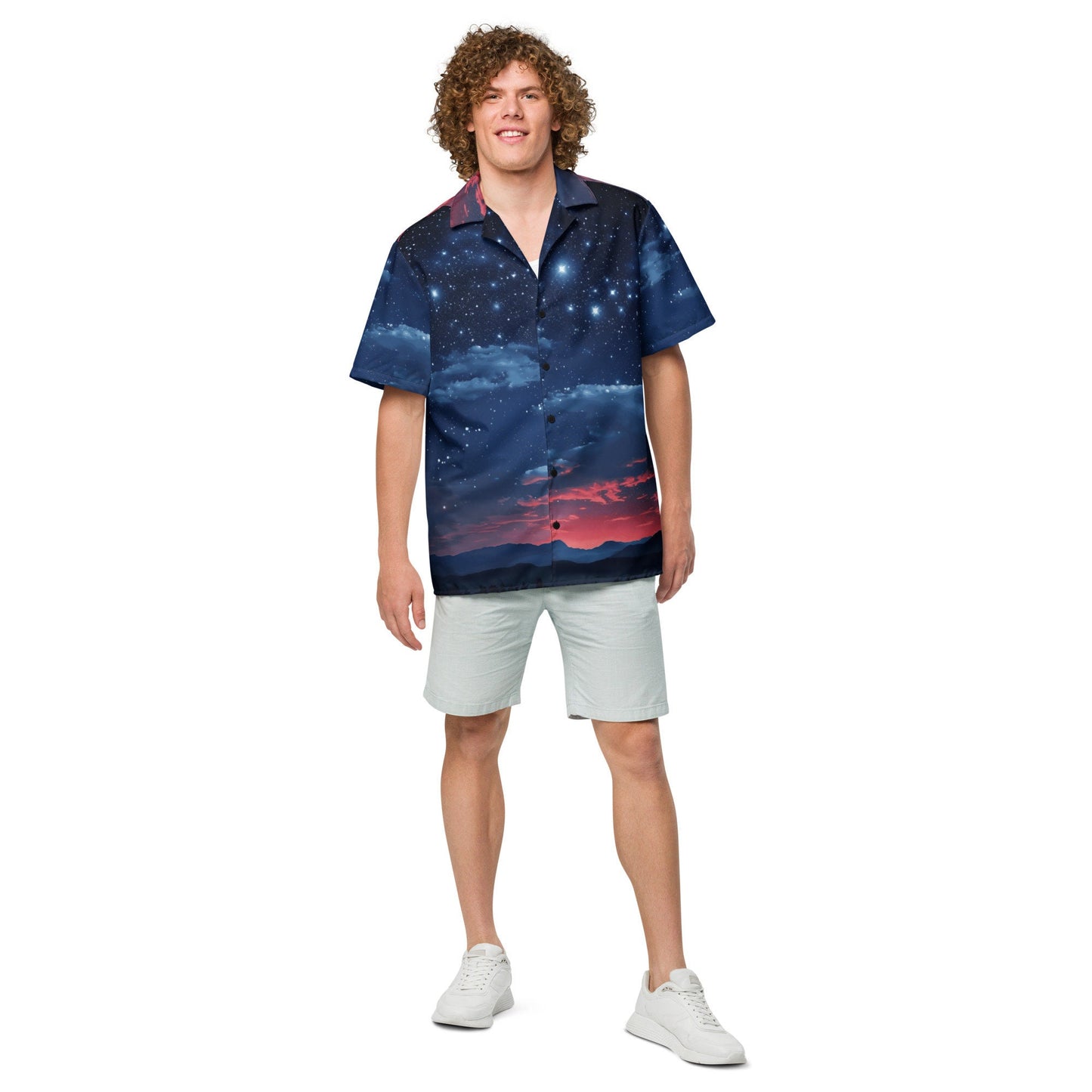 Funky Tiger® Blue Shooting Stars Button Down Shirt for Men | Short Sleeve Shirt | Casual Button Down | Summer | Vacation | Beach