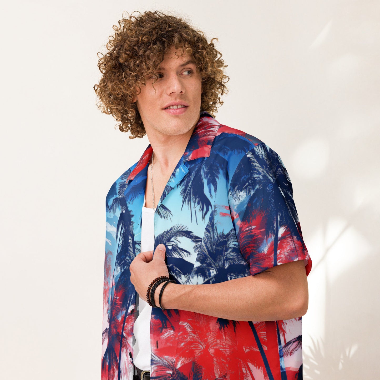 Funky Tiger® Aloha Isle Hawaiian Shirt, Red , White and Blue | Shirt for Men | Short Sleeve | Casual  | Summer | Vacation | Beach | Party