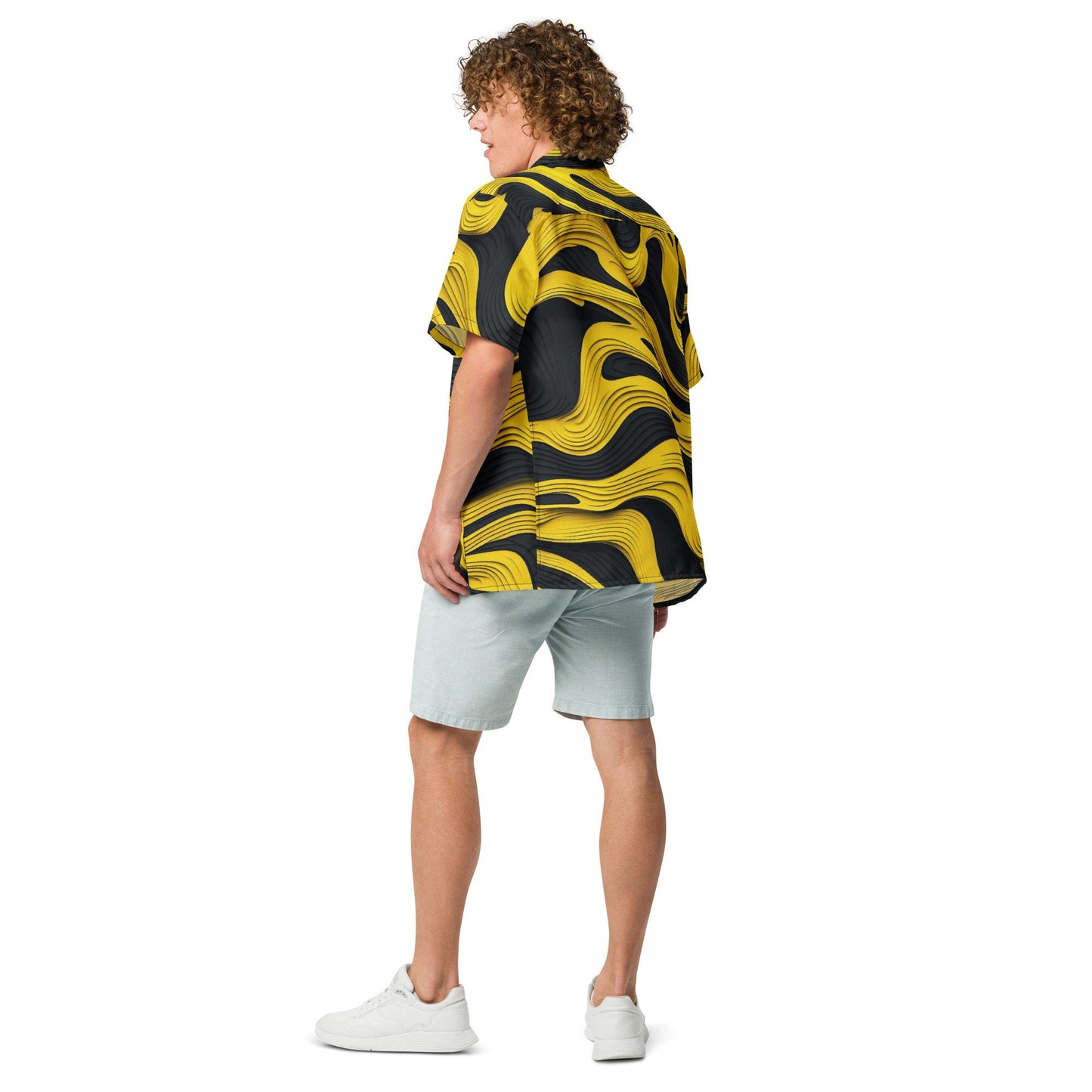 Funky Tiger® Yellow Contours Button Down Shirt for Men | Short Sleeve Shirt | Casual Button Down | Summer | Vacation | Beach