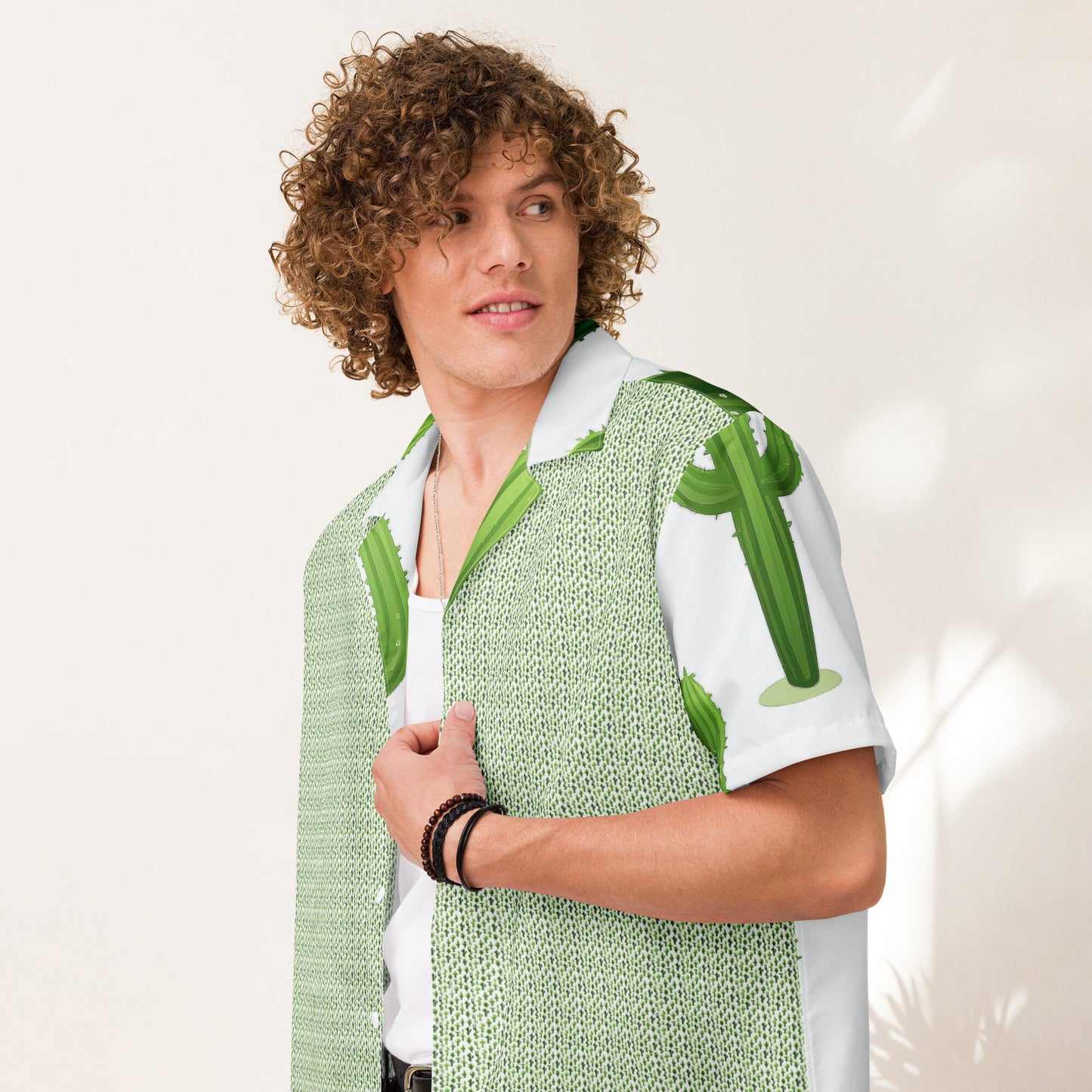 Funky Tiger® Cactus Green Button Down Shirt for Men | Short Sleeve Shirt | Casual Button Down | Summer | Vacation | Beach
