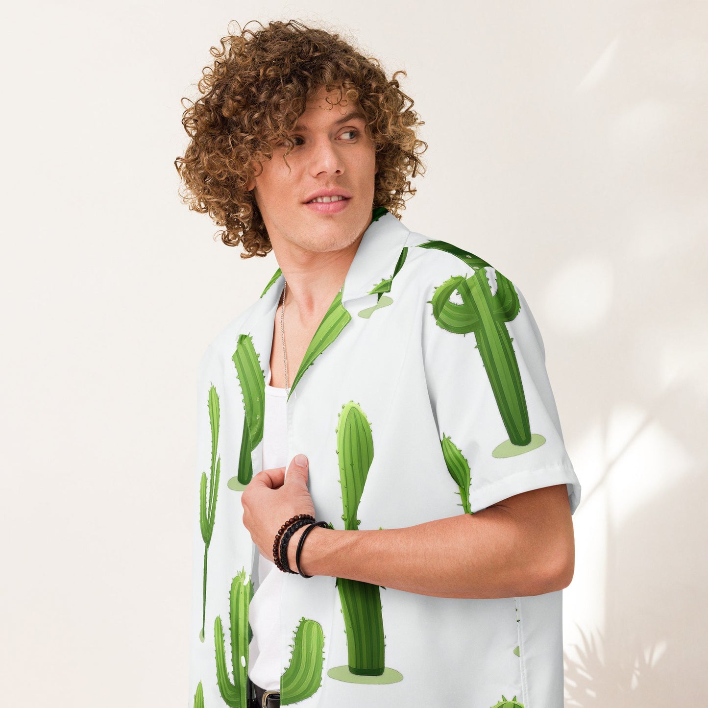 Funky Tiger® Cactus Green Button Down Shirt - Full Motif for Men | Short Sleeve Shirt | Casual Button Down | Summer | Vacation | Beach