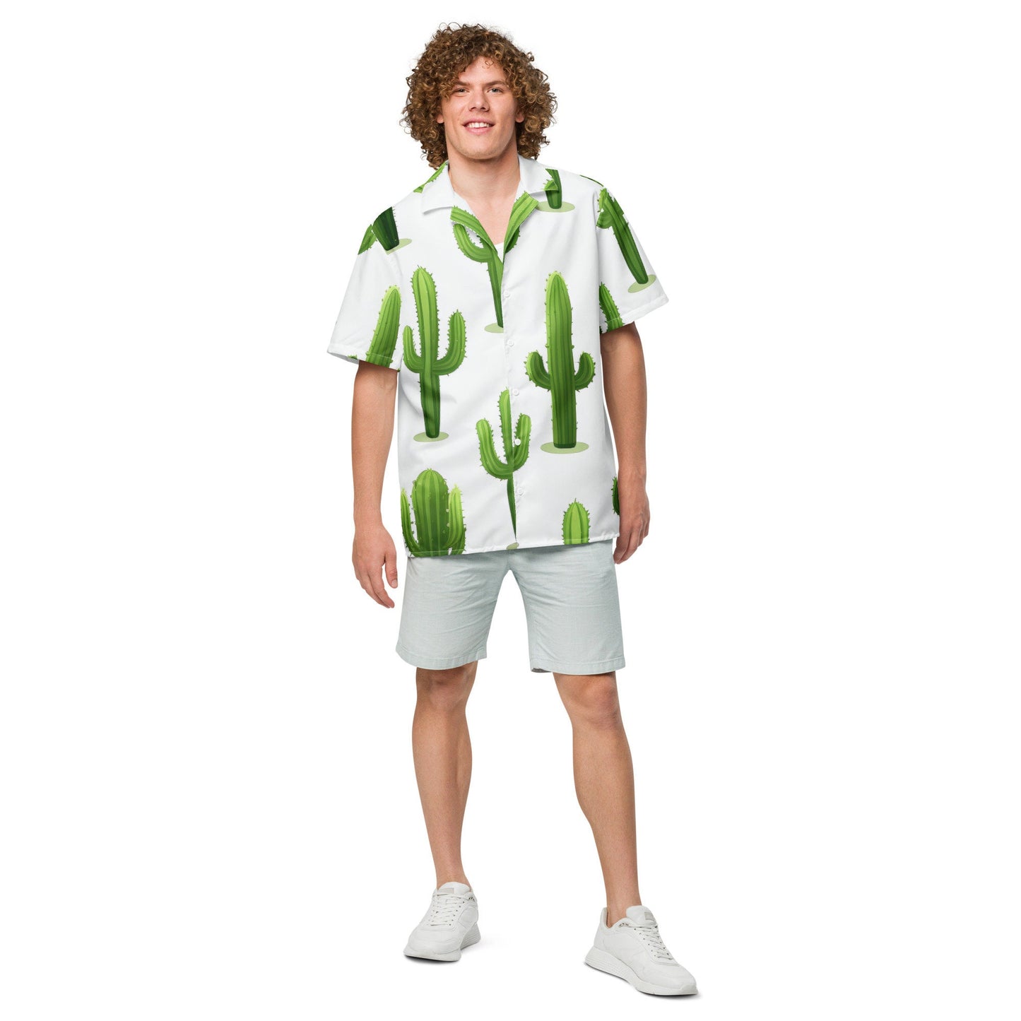 Funky Tiger® Cactus Green Button Down Shirt - Full Motif for Men | Short Sleeve Shirt | Casual Button Down | Summer | Vacation | Beach