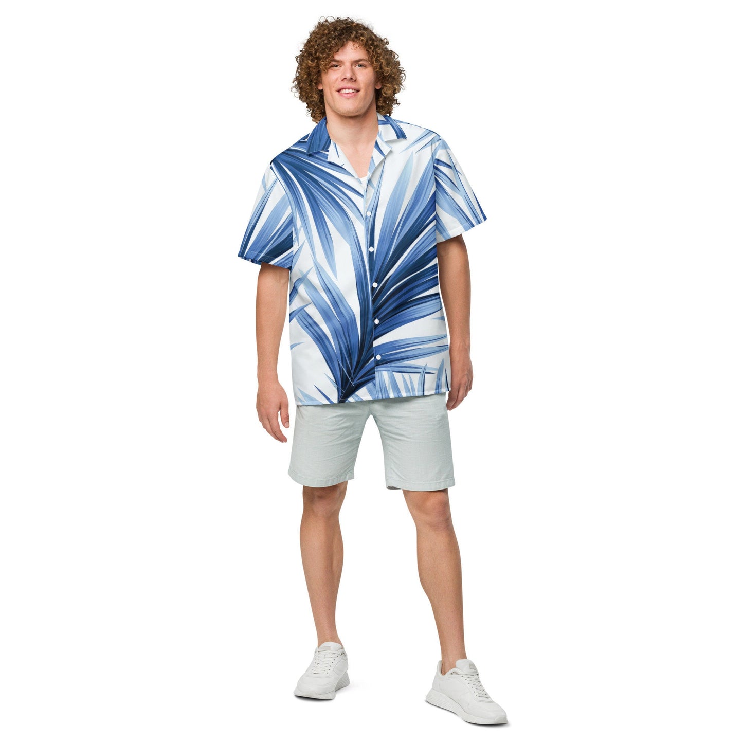 Funky Tiger® Blue Palma Button Down Shirt for Men | Short Sleeve Shirt | Casual Button Down | Summer | Vacation | Beach