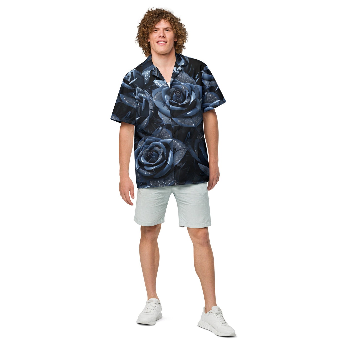 The Funky Tiger® Blue Rose Button Down Shirt for Men | Short Sleeve Shirt | Casual Button Down | Summer | Vacation | Beach