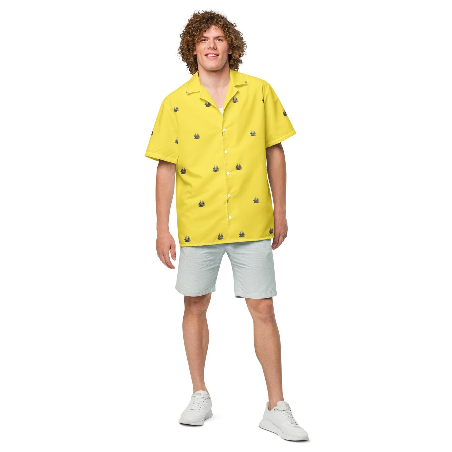 Funky Tiger® Going Sailing Hawaiian Shirt in Yellow, Hawaiian Shirt With Sailboat Motif | For Men | Beach | Party | Casual Button Up |Yellow