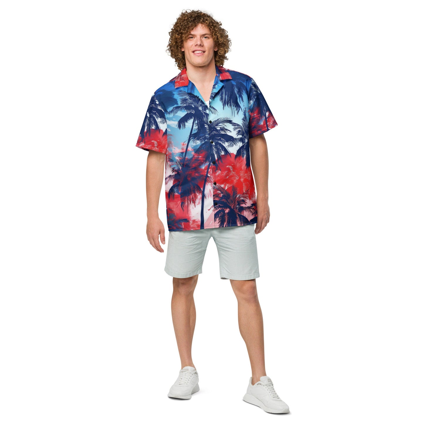 Funky Tiger® Aloha Isle Hawaiian Shirt, Red , White and Blue | Shirt for Men | Short Sleeve | Casual  | Summer | Vacation | Beach | Party