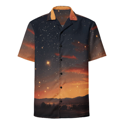 Funky Tiger® Gold Shooting Stars Button Down Shirt, Short Sleeve, Night Sky, Cosmic, For Men, Casual, Vacation, Beach