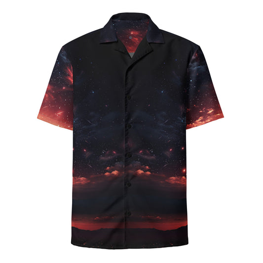 Funky Tiger® Red Shooting Stars Button Down Shirt, Short Sleeve, Night Sky, Cosmic, For Men, Casual, Vacation, Beach