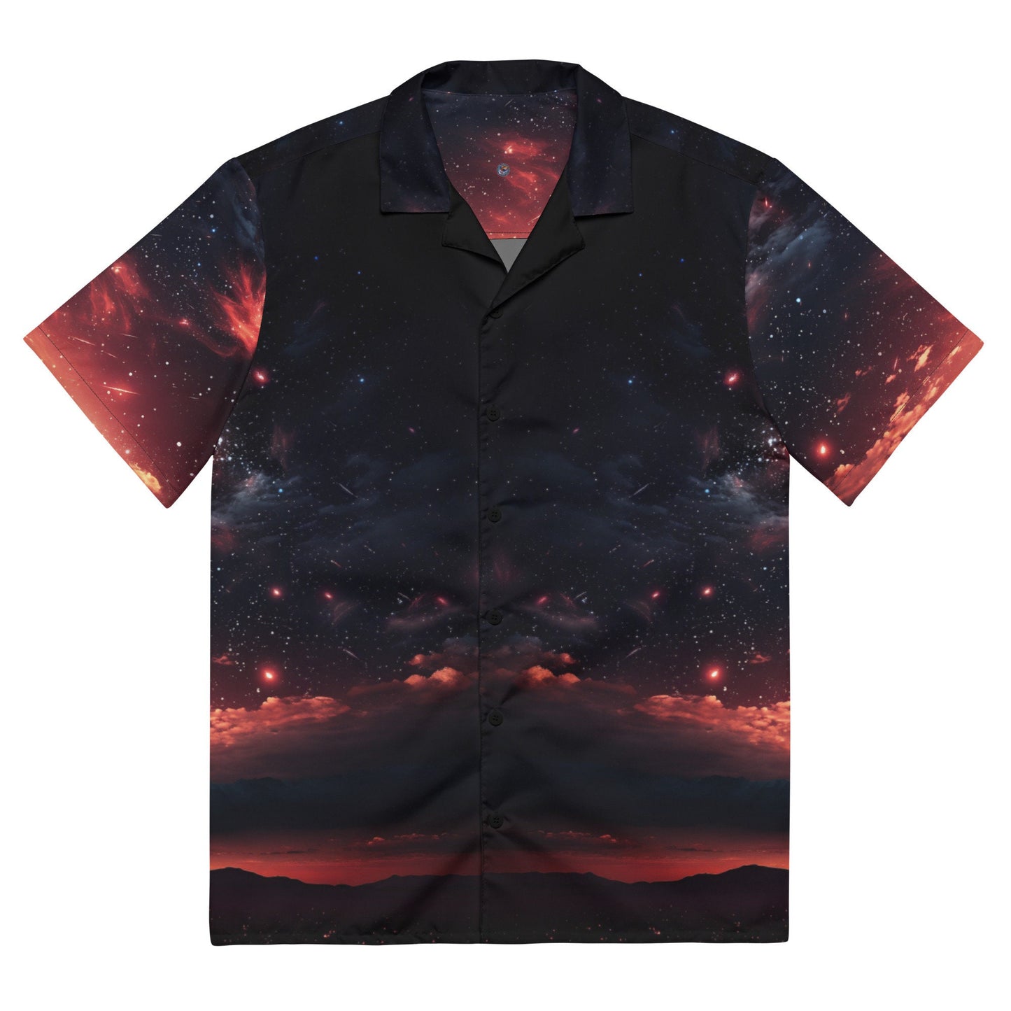 Funky Tiger® Red Shooting Stars Button Down Shirt, Short Sleeve, Night Sky, Cosmic, For Men, Casual, Vacation, Beach
