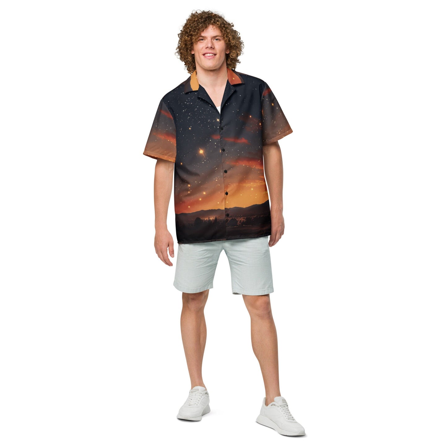 Funky Tiger® Gold Shooting Stars Button Down Shirt, Short Sleeve, Night Sky, Cosmic, For Men, Casual, Vacation, Beach