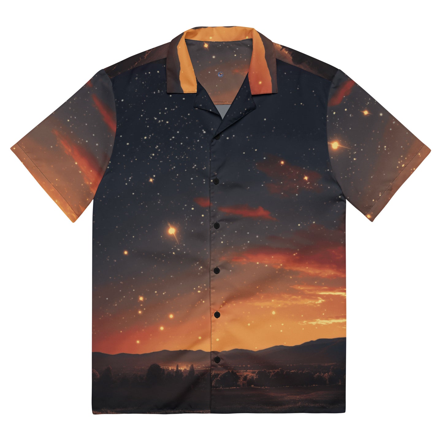 Funky Tiger® Gold Shooting Stars Button Down Shirt, Short Sleeve, Night Sky, Cosmic, For Men, Casual, Vacation, Beach